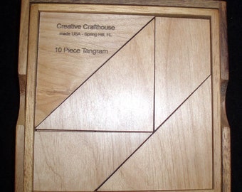 Tangram 10 Piece Wood Brain Teaser with Base & Cover - Rare Puzzle - This Version will Make 190 Shapes - Solutions Provided