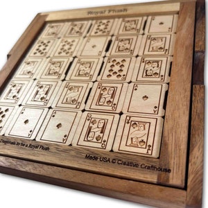 Royal Flush wood brain teaser puzzle - Can you get a royal flush in every row, column and major diagonal.. at the same time? Made in Hudson, Florida by Creative Crafthouse.