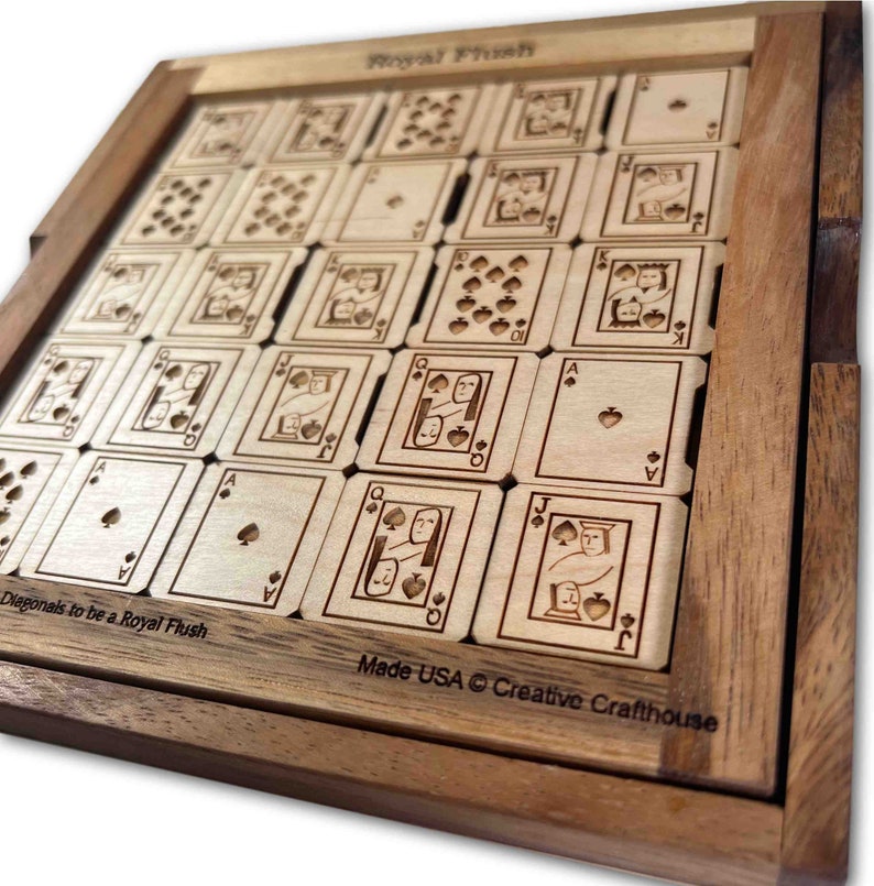 Royal Flush wood brain teaser puzzle - Can you get a royal flush in every row, column and major diagonal.. at the same time? Made in Hudson, Florida by Creative Crafthouse.