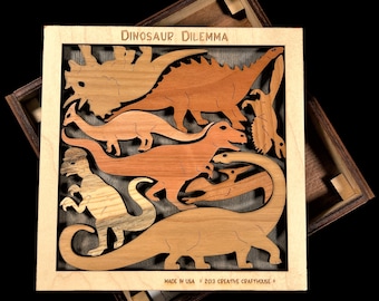 Dinosaur Puzzle - 8 pieces of wooden dino creatures / Dinosaur brain teaser puzzle with engraving option