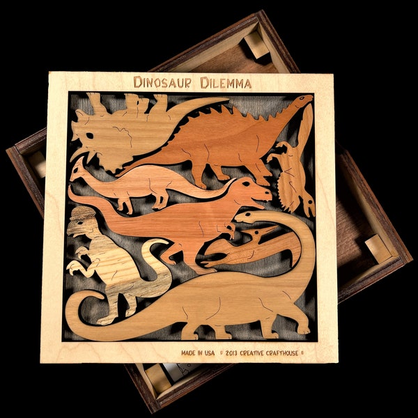 Dinosaur Puzzle - 8 pieces of wooden dino creatures / Dinosaur brain teaser puzzle with engraving option