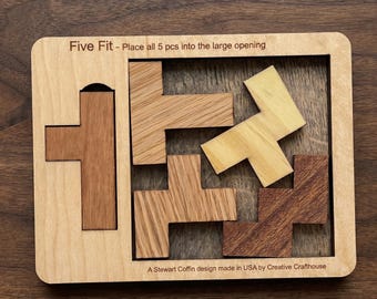 Houten puzzel voor volwassenen, logische puzzel, extreem moeilijke puzzel, puzzel van vijf stukjes, complexe puzzel, hersenkraker, moeilijke puzzel