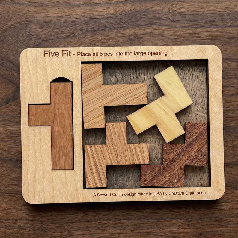 Five Fit wooden packing puzzle by Creative Crafthouse, made in USA
