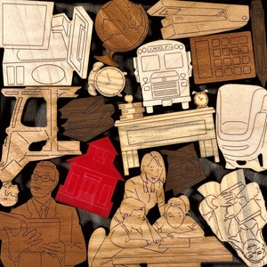 May include: A collection of wooden cutouts featuring a school bus, a schoolhouse, a globe, a desk, a chair, and children. The cutouts are painted in various colors, including red, yellow, blue, and brown.