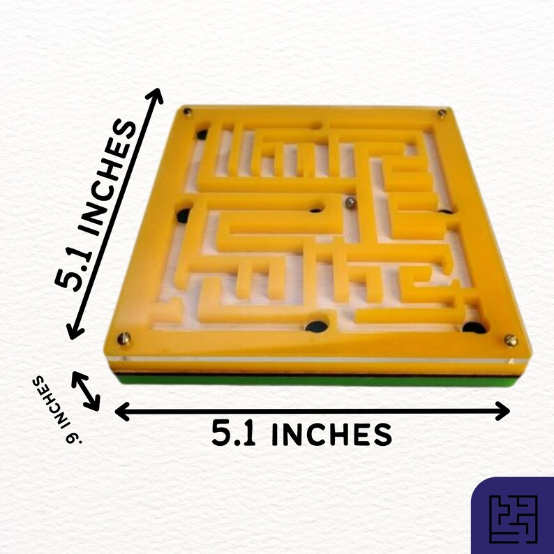 May include: A yellow maze game with a clear top, measuring 5.1 inches by 5.1 inches and 0.9 inches thick. A small metal ball is inside the maze. The game has a green base and is held together with small screws.
