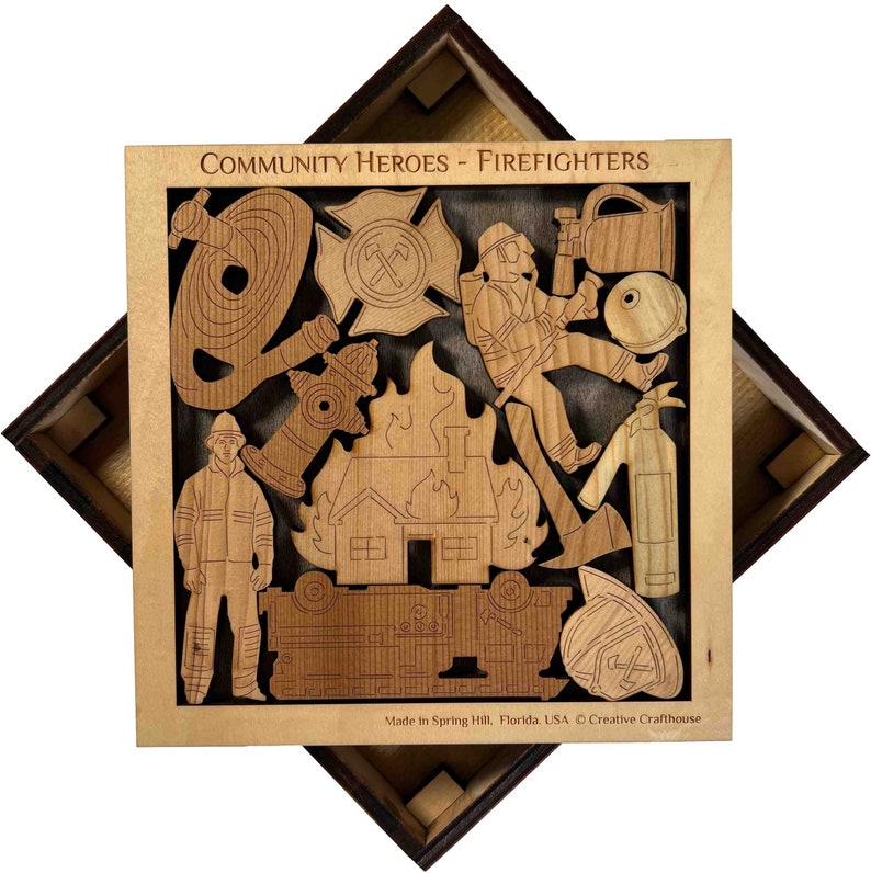 Community Heroes - Firefighters. Celebrating our local heroes! Wood cover included. Handmade by Creative Crafthouse.