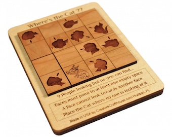Wooden Logic Puzzle: Where's the Cat Brain Teaser Game, Cherry Alder Wood Pieces