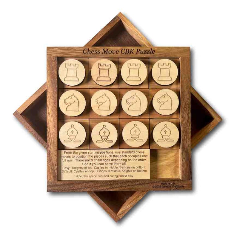 Chess Move CBK Wooden Brain Teaser Chess Puzzle. Complete the different challenges of varying difficulty using traditional chess moves. Made in the USA by Creative Crafthouse.