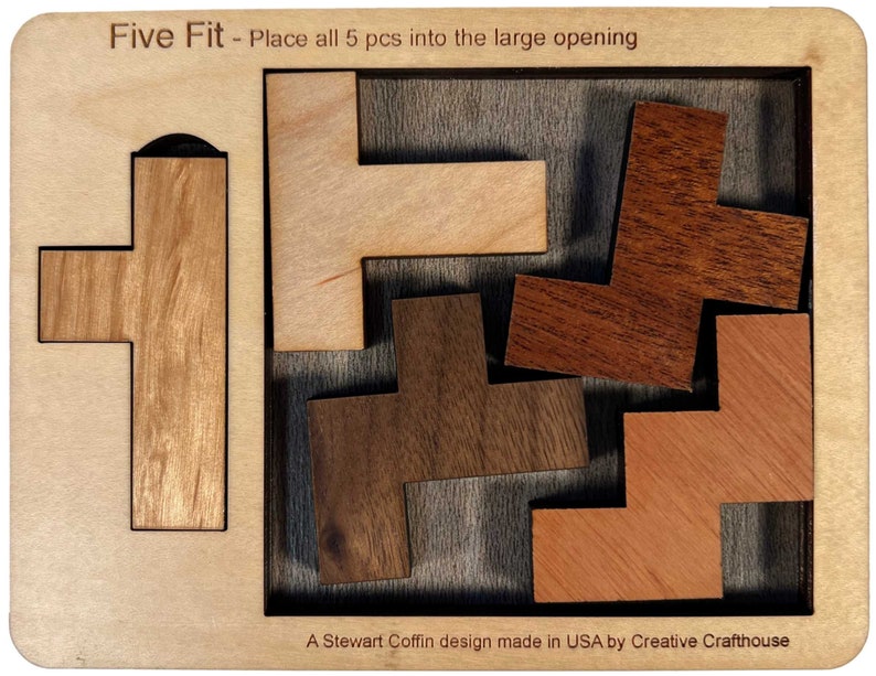 Five Fit wood brain teaser puzzle small size. A fun and difficult challenge! Made by Creative Crafthouse.