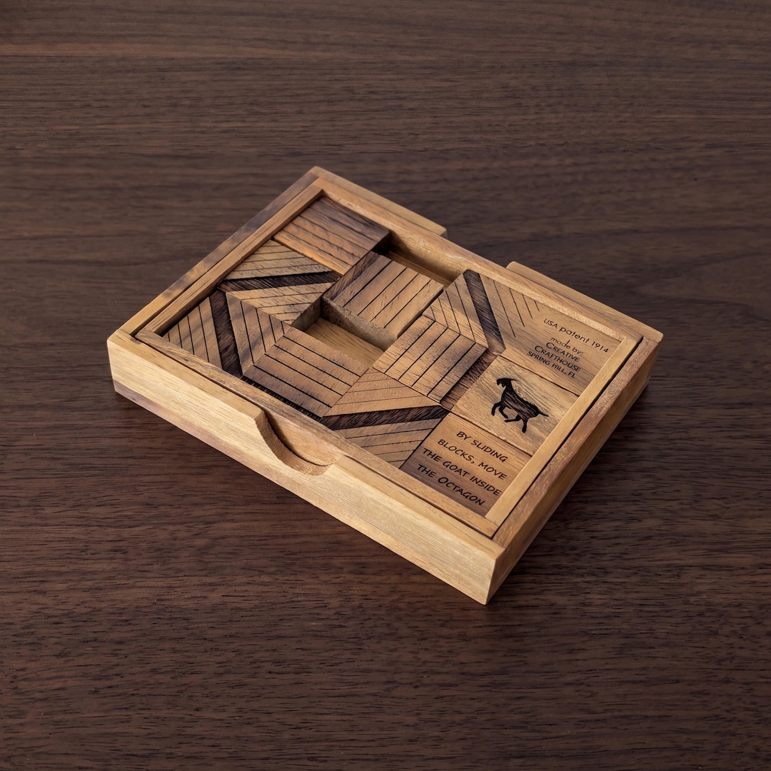 Vintage Goat Sliding Block Puzzle - Hardwood Brain Teaser With
