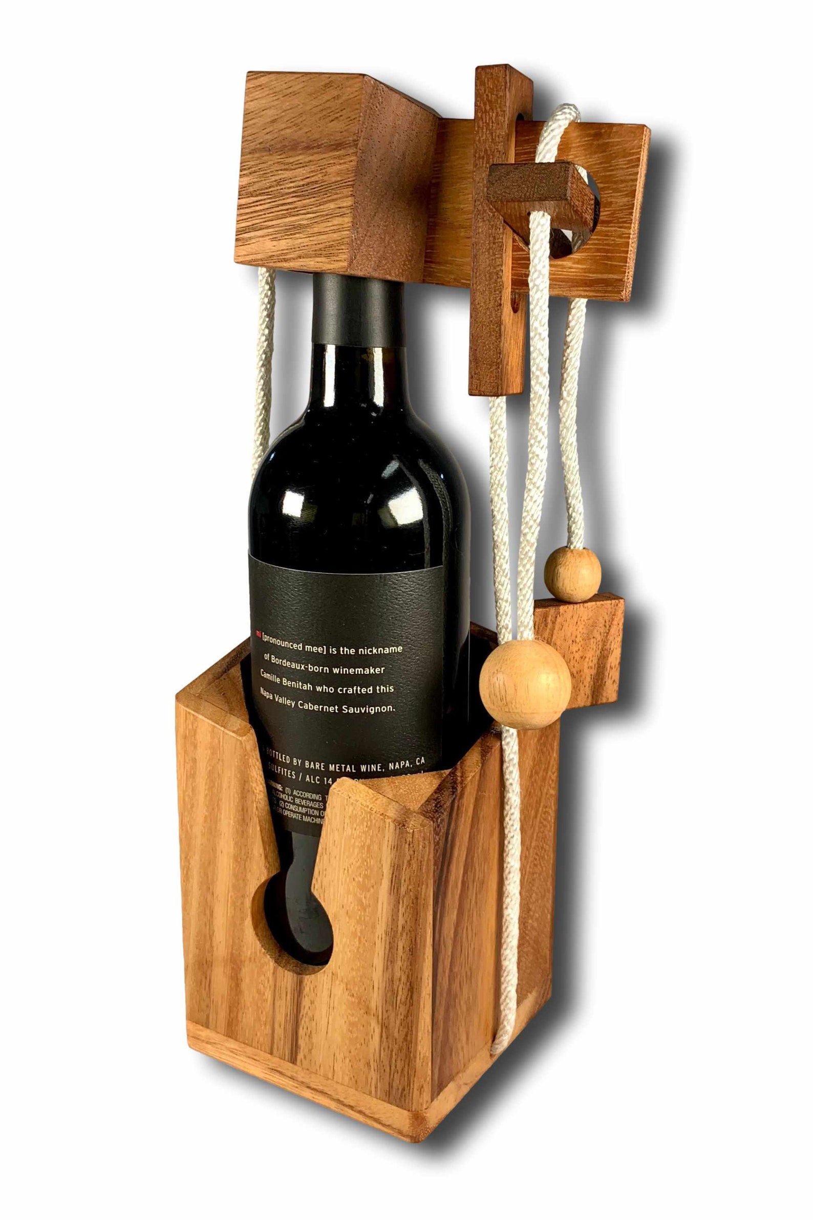 Wine Bottle Puzzle, Wooden String Brain Teaser that Traps a Bottle, Personalized Gift
