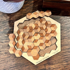 Handcrafted Wooden Hexagon Puzzle, Geometric Brain Teaser, 20 Solutions, Coffee Table Game