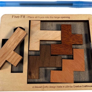 Five Fit wood brain teaser puzzle small size. A fun and difficult challenge! Made by Creative Crafthouse.