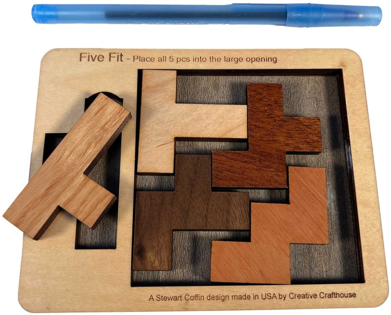 Five Fit wood brain teaser puzzle small size. A fun and difficult challenge! Made by Creative Crafthouse.