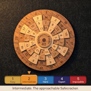 Safecracker 40 rated Intermediate on the Creative Crafthouse difficulty scale, wooden brain teaser for adults