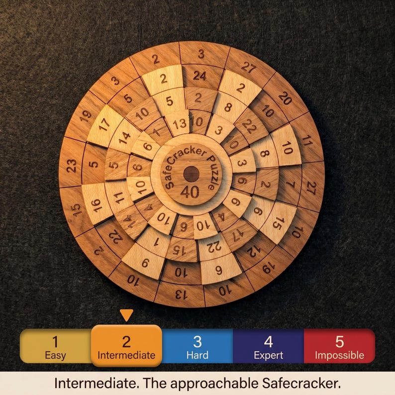 Safecracker 40 rated Intermediate on the Creative Crafthouse difficulty scale, wooden brain teaser for adults