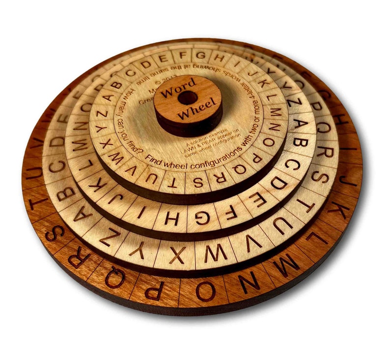 Word Wheel wooden brain teaser puzzle by Creative Crafthouse. Many different challenges to complete and also a great learning tool for all ages. Made in the USA.