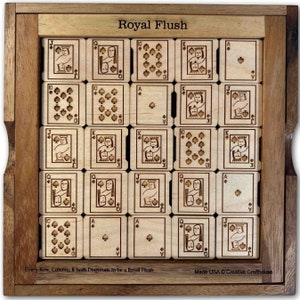 Royal Flush wood brain teaser puzzle - Can you get a royal flush in every row, column and major diagonal.. at the same time? Made in Hudson, Florida by Creative Crafthouse.