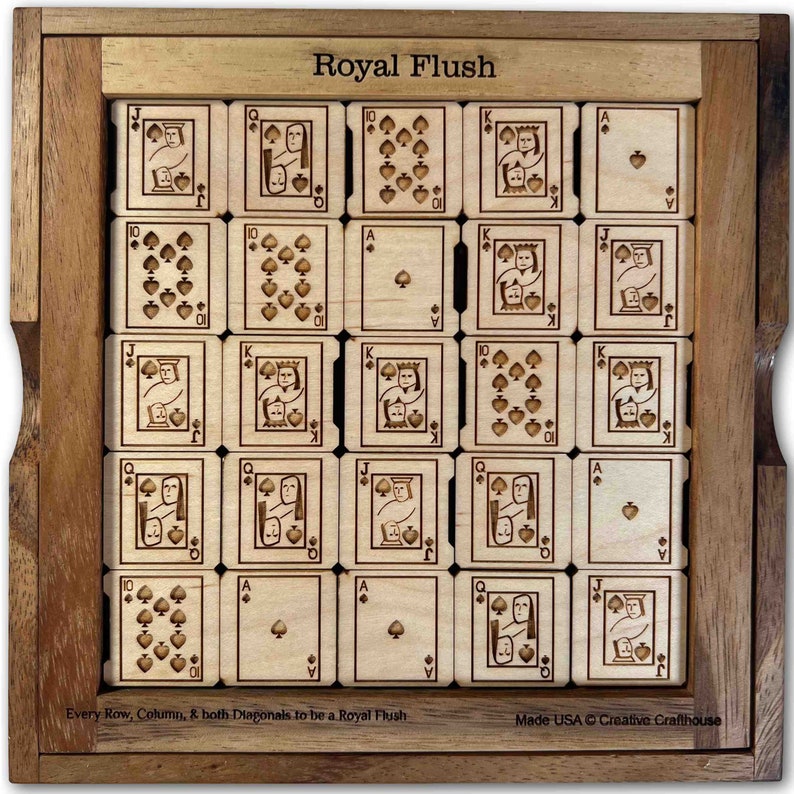 Royal Flush wood brain teaser puzzle - Can you get a royal flush in every row, column and major diagonal.. at the same time? Made in Hudson, Florida by Creative Crafthouse.