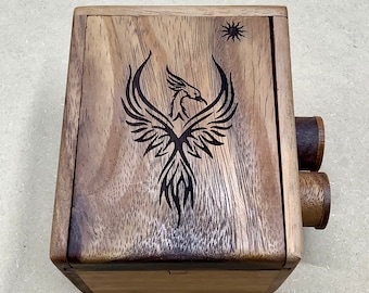 Wooden puzzle box for adults with laser engraved phoenix at top - The Overtime box game - Multiple step box gift - Table top activity