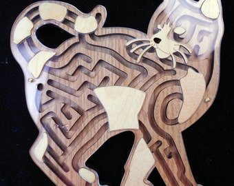 Cat Maze Puzzle ~ Custom Wooden Brain Teaser ~ Challenging Labyrinth with Hidden Paths ~ Handmade Logic Wooden Puzzle for Adults & Kids
