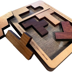 Five Fit wood brain teaser puzzle small size. A fun and difficult challenge! Made by Creative Crafthouse.