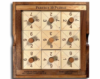 Perfect 10  Wood Brain Teaser Puzzle - Get all Adjacent Numbers to Add to 10
