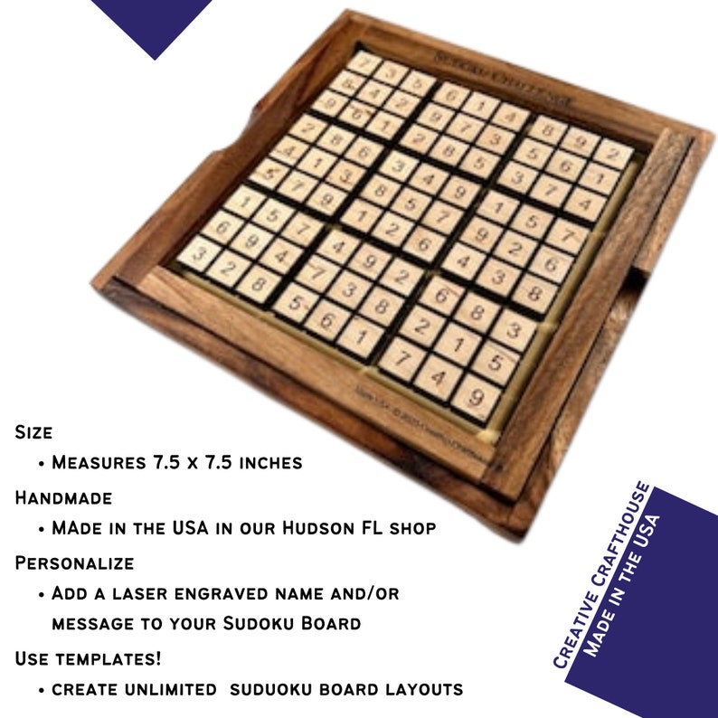 Our handmade Sudoku Board allows you to create your own custom Sudoku games. You will never have to worry about pen and paper again. This puzzle game makes a wonderful and unique gift for friends and family.
