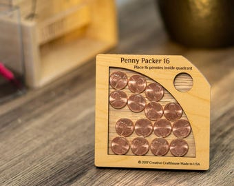 Penny Packer 16 | Wood Coin Puzzle | Coffee Table Game | Challenging Puzzle | Puzzle Lover Gift | Travel Board Game | Wooden Logic Puzzle