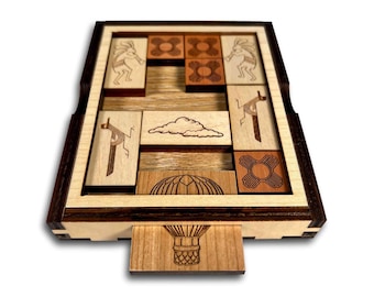 Wooden Balloon Escape Puzzle ~ Sliding Block Brain Teaser with Engraving ~ Travel Size Wood Puzzle with Cover, Puzzle for Adults and Teens