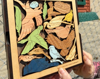 Bird Lovers Puzzle, Personalize with a Laser Engraved Name, 16 Piece Wood Brain Teaser