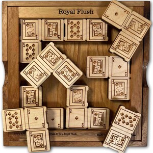 The Royal Flush puzzle is a unique logic puzzle features different playing cards as the puzzle pieces. This brain teaser is perfect for ages 13 and up. Every Royal Flush puzzle is handmade in our Hudson Florida shop.