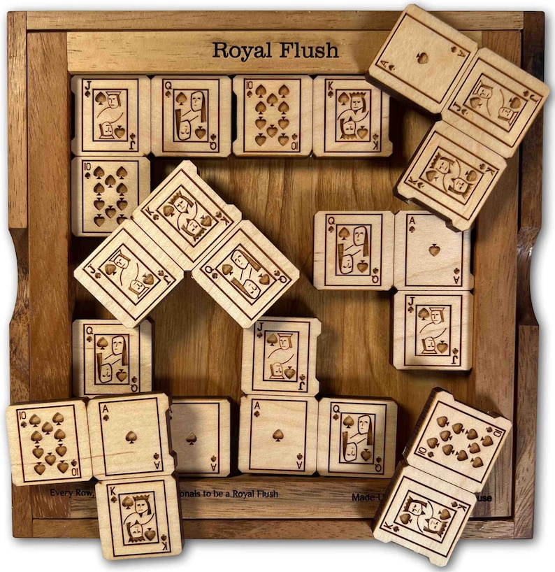 The Royal Flush puzzle is a unique logic puzzle features different playing cards as the puzzle pieces. This brain teaser is perfect for ages 13 and up. Every Royal Flush puzzle is handmade in our Hudson Florida shop.