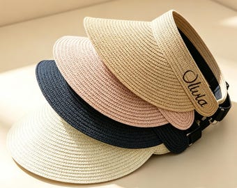 Personalized Straw Sun Visor Hat, Custom Embroidered Name Beach Visor, Adjustable Summer Sun Hat, Gift for Mom Grandma Nana, Bridesmaid Gift