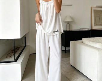 Personalized Women’s Pajama Set, Custom Name Lounge Set, Minimalist Cotton Sleepwear, Loose Fit Cami Pajamas, Soft Summer Loungewear