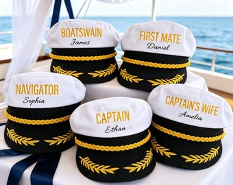 Personalized Captain Hat, Custom Embroidered Sailor Hat, Nautical Wedding Party Hat, Yacht Crew Hat, Groom Groomsmen Gift, Boat Party Cap