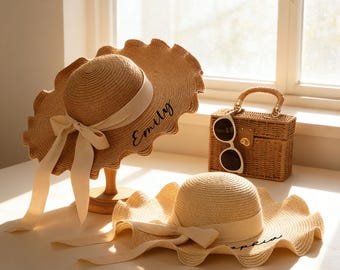 Personalized Straw Wavy Sun Hat with Embroidered Ribbon,Custom Wide Brim Beach Hat,Wedding Party Favor,Bridesmaid Gift,Summer Vacation Hat