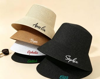 Personalized Straw Bucket Hat, Embroidered Name Sun Hat, Custom Summer Beach Hat for Women, Bridesmaid Gift, Vacation Sun Hat