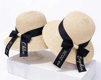 Custom Mom & Daughter Matching Straw Sun Hat,Personalized Beach Hat with Name Ribbon,Wide Brim Summer Vacation Hat,Family Photo Outfit