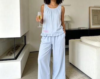 Personalized Cotton Pajama Set for Women, Custom Name Sleepwear, Soft Lounge Set, Available in Pants and Shorts, Cute Pastel Pajamas Gift