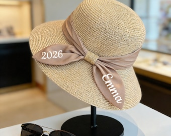 Personalized Straw Sun Hat with Embroidered Ribbon, Custom Wide Brim Beach Hat, Wedding Party Favor, Bridesmaid Gift, Summer Vacation Hat