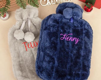 Bolsa de água quente de pele sintética bordada personalizada, capa com nome bordado e pompons, alívio da menstruação e da barriga, presente para ela, conforto para bebês e inverno