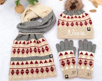Personalized Knitted Winter Scarf Hat Gloves Set – Custom Embroidered Name, Cozy Holiday Gift for Women, Christmas Family Party Accessory