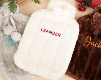 Custom Cute Plush Faux Fur Hot Water Bottle,Embroidered Name Cover with PomPoms,Period & Tummy Relief,Gift for Her,Baby and Winter Comfort