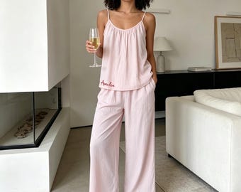 Personalized Women’s Pajama Set, Custom Name Lounge Set, Minimalist Cotton Sleepwear, Loose Fit Cami Pajamas, Soft Summer Loungewear