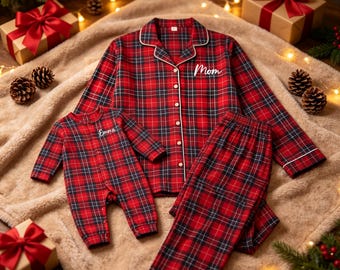 Matching Family Christmas Pajamas, Personalized Plaid Pajama Set, Red Green Holiday Sleepwear, Kids Baby Adults Christmas PJs