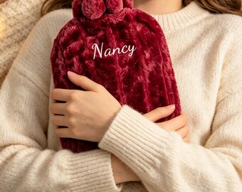 Custom Embroidered Faux Fur Hot Water Bottle,Embroidered Name Cover with PomPoms,Period & Tummy Relief,Gift for Her,Baby and Winter Comfort