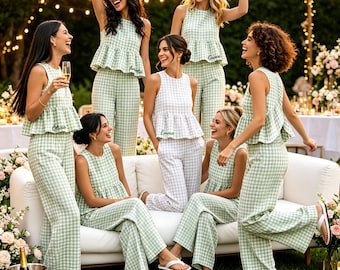 Personalized Gingham Bridesmaid Pajama Set, Embroidered Name Lounge Set, Bridal Party Matching PJs, Wedding Morning Outfit, Bridesmaid Gift