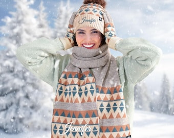 Personalized Knitted Winter Scarf Hat Gloves Set – Custom Embroidered Name, Cozy Holiday Gift for Women, Christmas Family Party Accessory