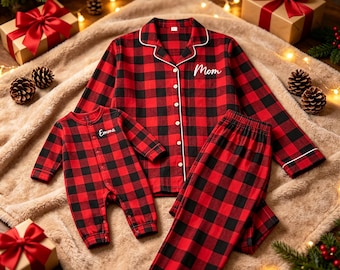 Custom Matching Family Christmas Pajamas, Personalized Plaid Pajama Set, Red Green Holiday Sleepwear, Kids Baby Adults Christmas PJs